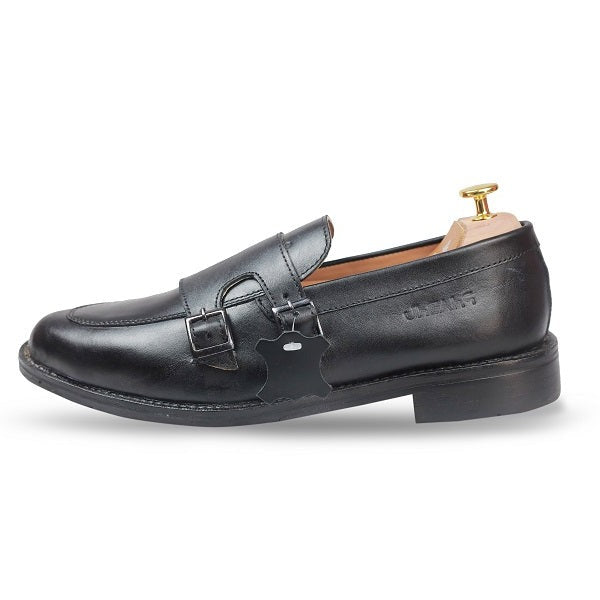 100% Real Black Italian Leather Double Monk Strap Shoes for Men