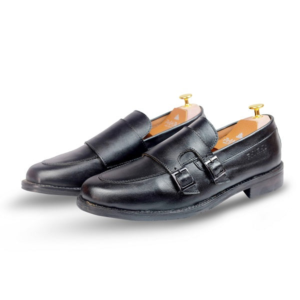 100% Pure Black Italian Leather Double Monk Strap Shoes for Men