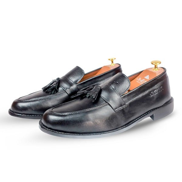 100% Real Black Italian Leather Tassel Loafers Formal Shoes for Men