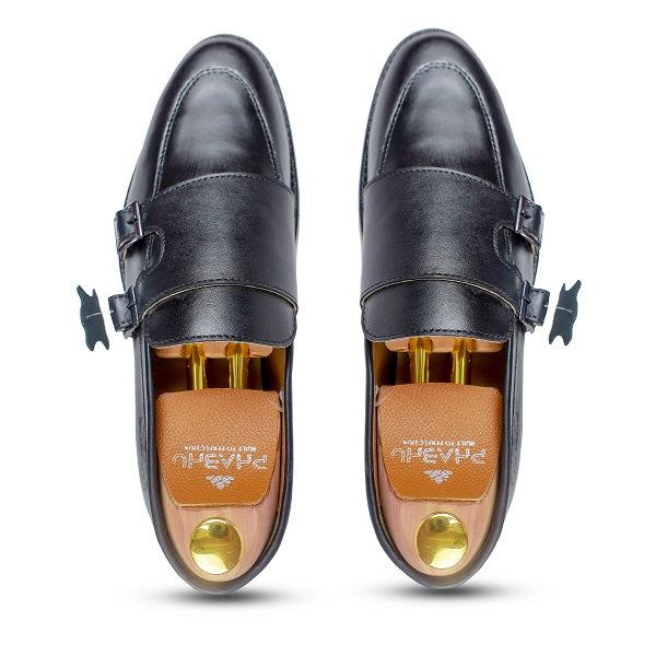 100% Genuine Black Italian Leather Double Monk Strap Shoes for Men