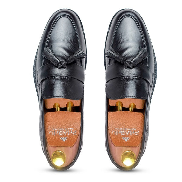 100% Genuine Black Italian Leather Tassel Loafers Formal Shoes for Men