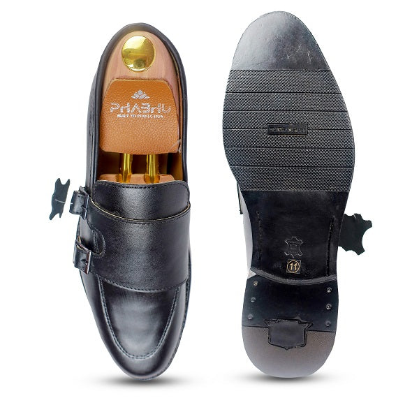 100% Original Black Italian Leather Double Monk Strap Shoes for Men